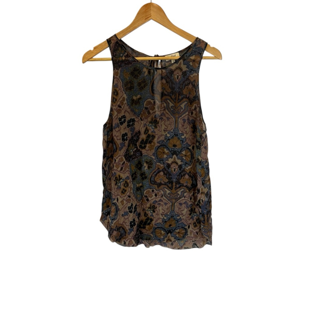 Women’s Wilfred 100% Silk Patterned Brown & Blue Semi Sheer Top Shirt Small